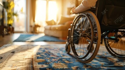 Poster - Person in a wheelchair in a cozy home environment with sunlight streaming in. Promoting accessibility and inclusion in home settings.