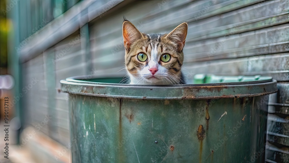 Stray cat peeking out of garbage bin, Stray, cat, garbage, bin, feline ...