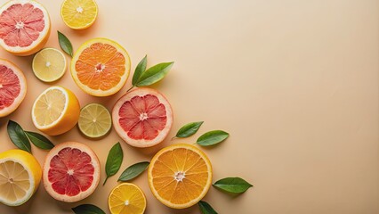 Poster - Creative layout of grapefruit, orange, and lemon on beige background, fruit, citrus, vibrant, colorful, fresh, healthy, organic