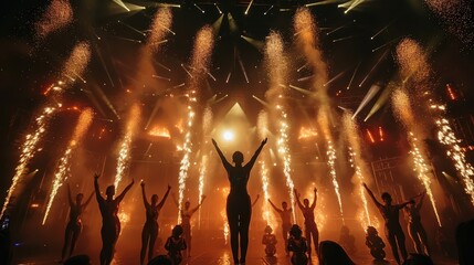 Silhouettes of Dancers Against a Background of Fireworks