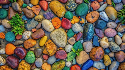 Canvas Print - Top view of colorful sea stones embedded in a garden pathway, creating a rough grunge texture background, garden, walkway