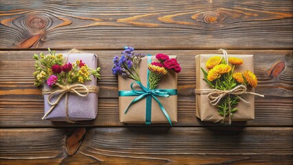 Canvas Print - Three colorful wrapped gifts lined up with a bundle of dried flowers on wooden surface , gifts, presents, wrapping