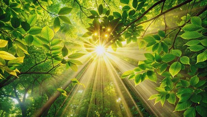 Canvas Print - Golden rays of sunlight streaming through lush green leaves , sunlight, rays, beams, shining, nature, greenery, foliage