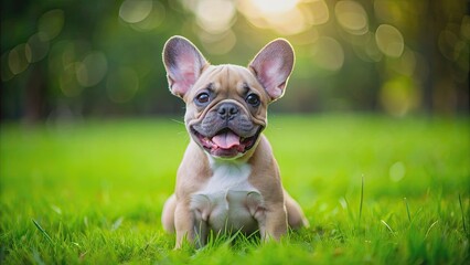 Sticker - Playful French bulldog puppy sitting on green grass with tongue out, French bulldog, puppy, cute, playful, grass