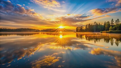 Wall Mural - Sunrise casting golden light over a tranquil lake, sunrise, lake, dawn, water, reflection, calm, serene, morning, nature