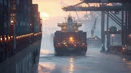 Realistic photo of a container ship navigating through a busy shipping lane, with logistics cranes in the background