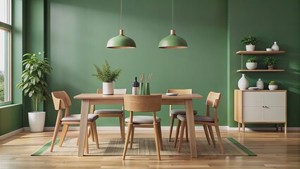 Canvas Print - Scandinavian wooden dining set in modern green-walled dining room interior, Scandinavian, wooden, dining table