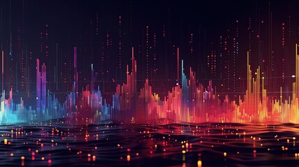 Abstract Digital Cityscape: Neon Cityscape with vibrant, colorful towers and glowing particles.  A futuristic, digital landscape with a sense of wonder and possibility.  