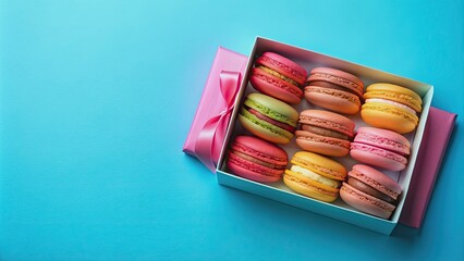 Canvas Print - Colorful macarons in pink giftbox on blue background, macarons, sweet, colorful, dessert, French, bakery, pastel, elegant