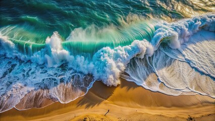 Sticker - Aerial view of a powerful wave crashing onto the sandy beach, ocean, sea, water, nature, surf, waves, coastline, shore, aerial