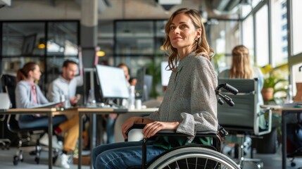 Aufkleber - Confident woman in a wheelchair working in a modern office, with colleagues in the background. Promoting workplace inclusivity and acceptance.