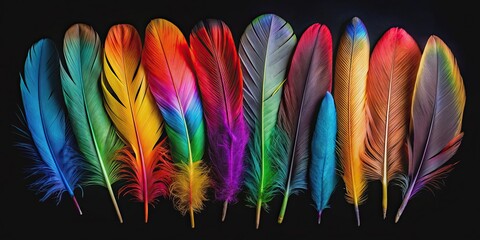 Canvas Print - Knolling layout of colorful exotic bird feathers on black background, knolling, layout, colorful, exotic