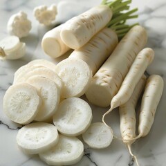 A close-up image of a bunch of white carrots on a marble surface. The carrots are arranged in a way that showcases their natural beauty.