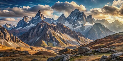 Wall Mural - Scenic view of a rugged mountain landscape, rocky, picturesque, mountain, scenery, nature, peak, rocks, outdoor, adventure