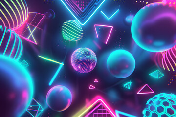 Wall Mural - Futuristic Glowing Neon Shapes and Spheres in Dark Space