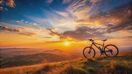 Poster - Beautiful sunset view with a mountain bike at the top of a hill , sunset, view, mountain bike, hill, outdoors