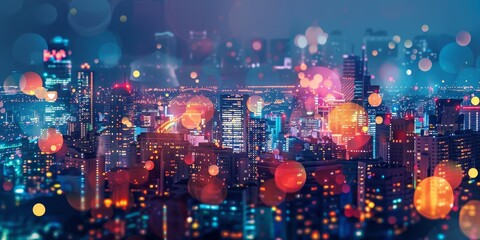 Poster - abstract digital signature over night city background