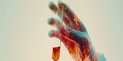 Wall Mural - double exposure of scientist hand holding laboratory test tube