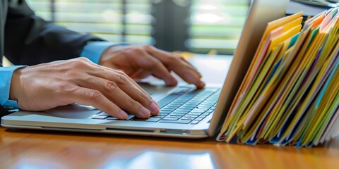 Fototapete - business man using laptop access files document on viritual screen, document management system