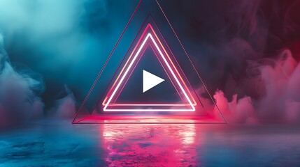 Poster - Neon Triangle with a Play Button inside surrounded by smoke and glowing with blue and pink light.
