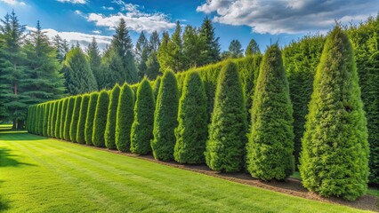 Poster - Hedge of green thuja on a sunny day surrounded by landscaped yard among pine trees, landscaping, yard, lawn grass