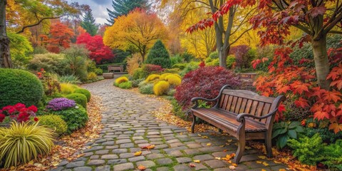 Poster - Charming autumn garden with vibrant foliage, cobblestone path, wooden bench, autumn, garden, charming, vibrant, foliage, cobblestone