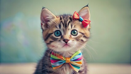 Wall Mural - Adorable kitten with a colorful bow sitting on its head, cute, pet, feline, small, domestic, playful, ribbon, charming