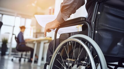 Aufkleber - Disabled man in a wheelchair holding documents in a bright office. Accessibility and inclusive employment.