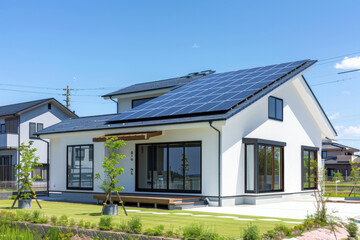 Modern suburban house with solar panels on the roof