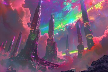 Wall Mural - A City of Towers Rises Through Pink Clouds in a Cosmic Landscape