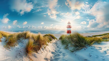 Wall Mural - A Red and White Lighthouse Stands on a Sandy Beach with Green Grass and a Blue Sky