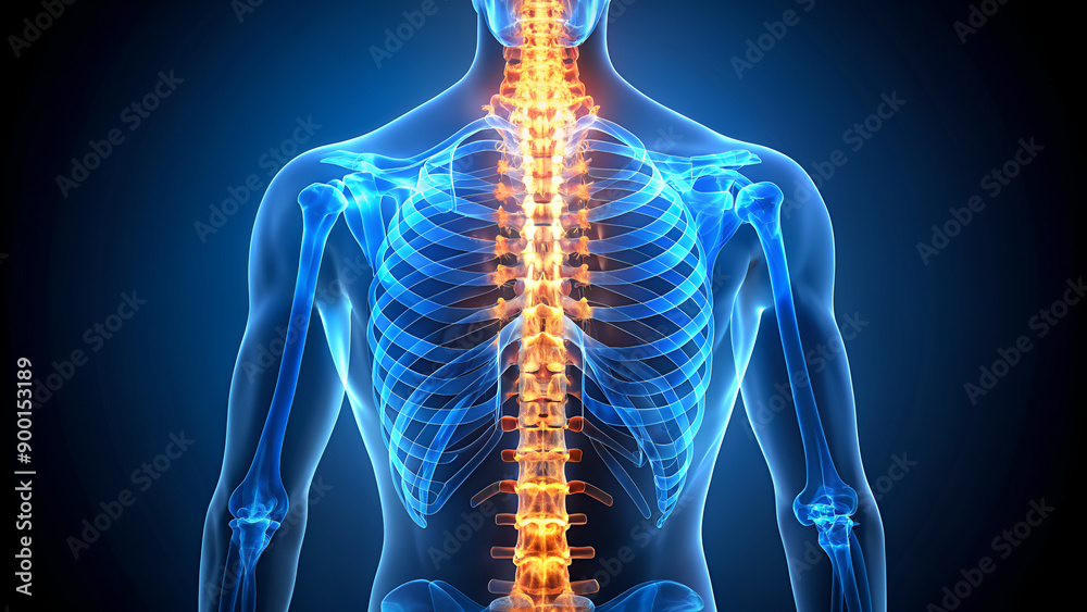medical 3d x_ray digital glowing human spine within a transparent body ...