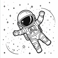 An astronaut floats in space with stars and planets around them. Coloring book line art design vector illustration.