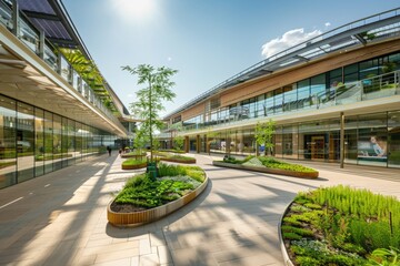 Modern Shopping Mall with Integrated Photovoltaic Panels and Lush Greenery - Sustainable Architecture Design