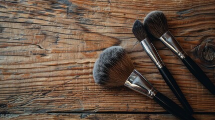 Makeup brushes placed on wood