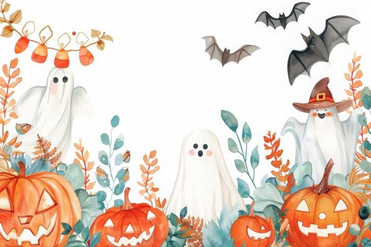 Watercolor Halloween banner with playful pumpkins, cute ghosts, and festive elements, perfect for decorating and celebrating the spooky season 