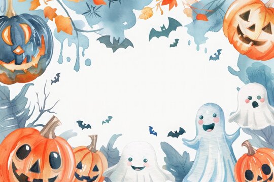 Watercolor Halloween banner with playful pumpkins, cute ghosts, and festive elements, perfect for decorating and celebrating the spooky season 