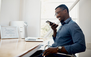 Aufkleber - Voice note, office and man with cellphone, online and communication with contact, laptop and glasses. Vision, editor and person with mobile, smile and talking for project of ebook, app and creative