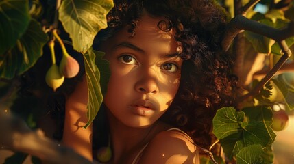 Sticker - a young arab girl with large dark brown eyes and dark brown curly hair to her shoulders, sitting on a fig tree branch while eating fig fruit, AI Generative