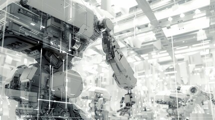 Poster - Futuristic robotic arm in a highly digitalized industrial environment. Representation of advanced robotics and smart technology.