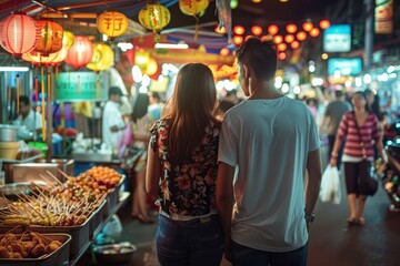 A couple visiting a bustling night market