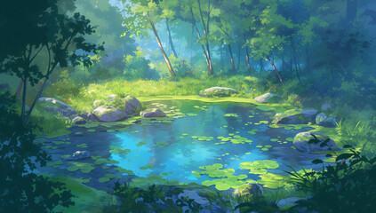 Wall Mural - concept art of a serene forest pond with reflections, surrounded by lush greenery