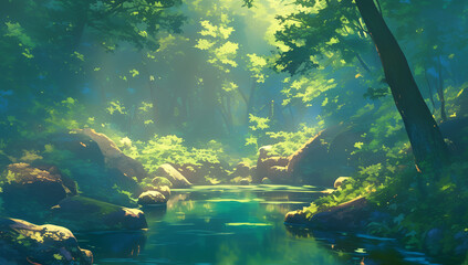 Wall Mural - concept art of a serene forest pond with reflections, surrounded by lush greenery