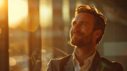 Poster - Golden Hour Success: A confident, handsome businessman looks towards a golden sunset, radiating optimism and ambition. 