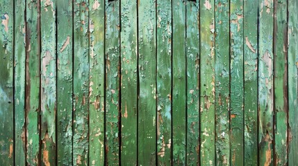 Sticker - Vintage background with old vertical wooden fence boards showing cracked green paint remnants