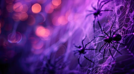 Close-Up of Spiders on Purple Web with Bokeh Background