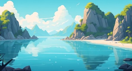 Wall Mural - bay with crystal clear water landscape flat cartoon style illustration design background copy space backdrop