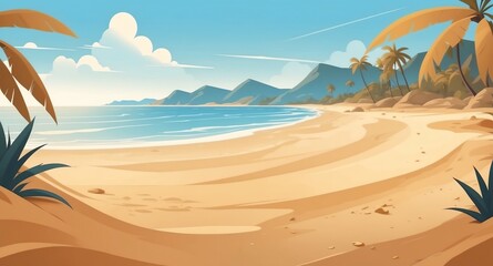 Wall Mural - beach with golden sand landscape flat cartoon style illustration design background copy space backdrop