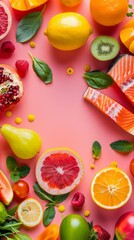 Poster - Assorted fruits, herbs, and salmon on a pink background. Healthy eating and balanced diet concept.