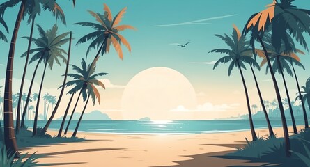 beach with tall palm trees landscape flat cartoon style illustration design background copy space backdrop